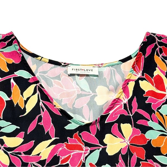 Women Floral V-Neck Top L Boho Vibrant Tropical Flowy Beachy Cruise Resort - Picture 10 of 12